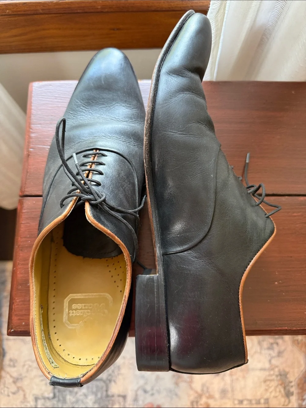 Crockett & Jones oxfords. Men's Black Leather Lace-Up Dress Shoes w/ Brown Trim - Picture 7 of 10